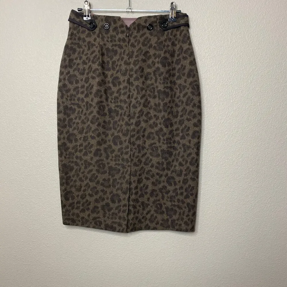 Rebecca Taylor Skirt Women's Size 4 Leopard Print Back Slit Pencil Skirt